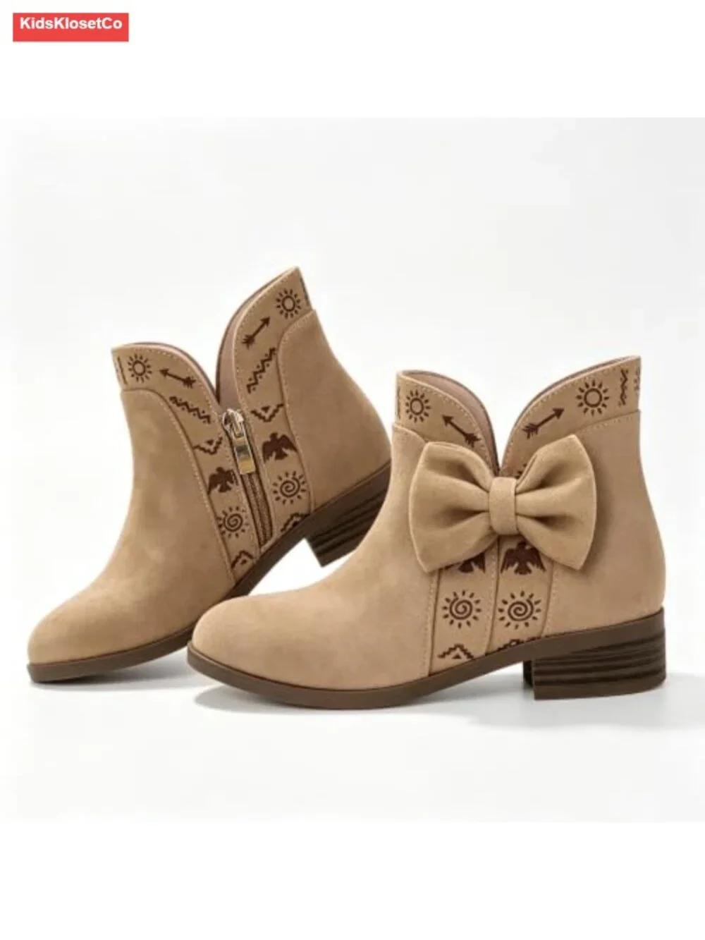 Girls Lambskin Insole Ankle Boots Low Heel Booties Side Bow Slip-On